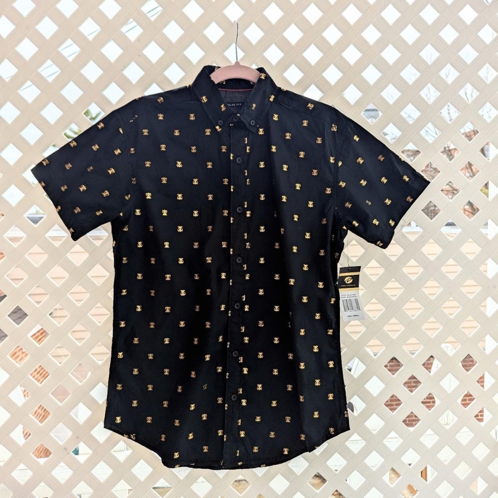 New With Tags Drill Clothing Company Slim Fit Black & Gold Metallic Bee Shirt